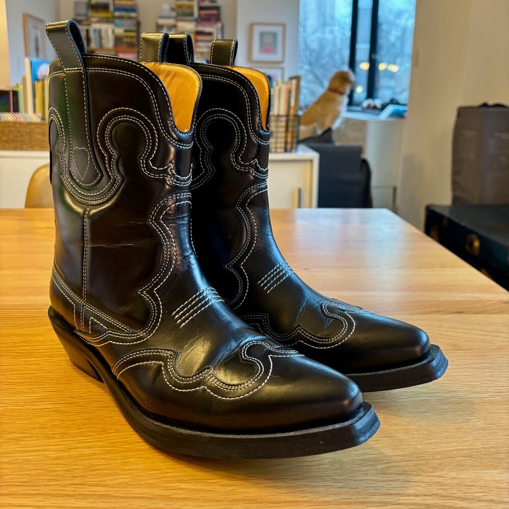 Ganni Black Leather Cowboy Boots Low Shaft
